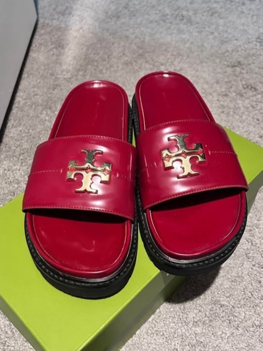 Tory Burch Cherry Red Patent Logo Slide Sandals